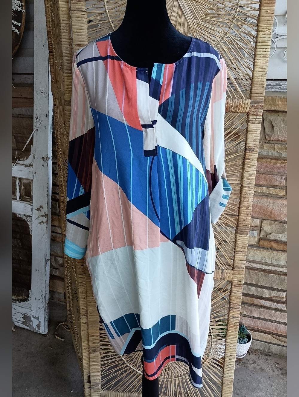 Ecru Abstract Geometric Long Sleeve Silk Dress in Navy, Blue, Coral, White